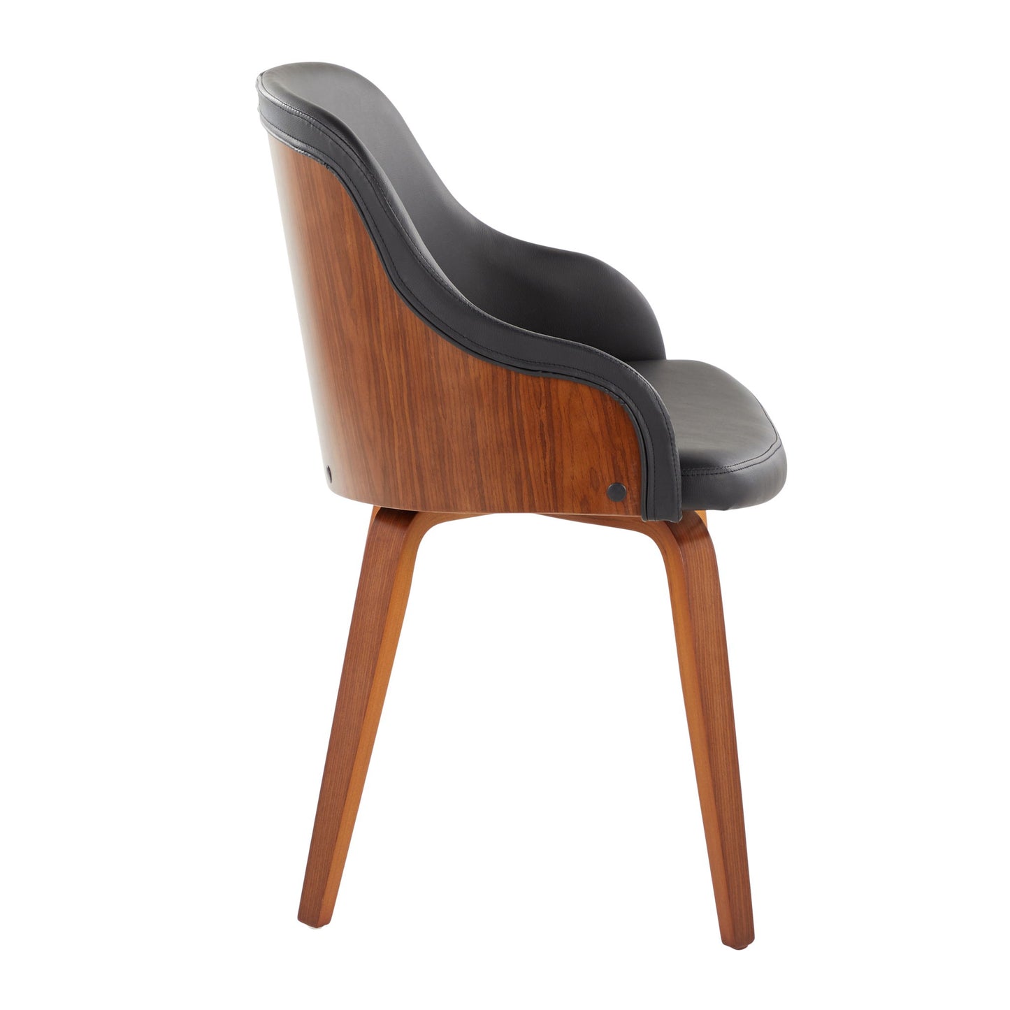 Side view of the Bacci Mid Century Modern Dining Chair, featuring a curved wooden backrest, black cushioned seat and back, and angled wooden legs, set against a white background.