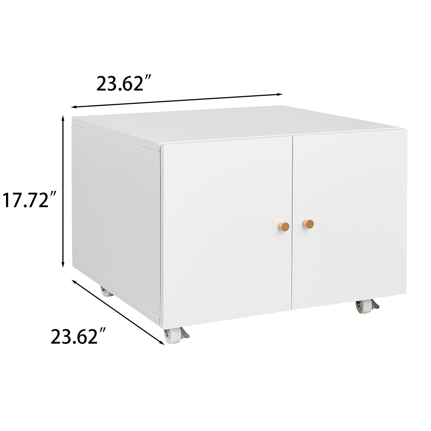 White Office Furniture Copier Cabinet with two doors, wooden knobs, and wheels; measures 23.62"W x 23.62"D x 17.72"H. Steel mobile pedestal file and printer stand copier cabinet.