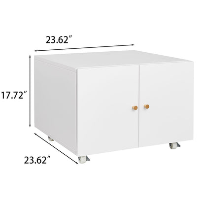 White Office Furniture Copier Cabinet with two doors, wooden knobs, and wheels; measures 23.62"W x 23.62"D x 17.72"H. Steel mobile pedestal file and printer stand copier cabinet.