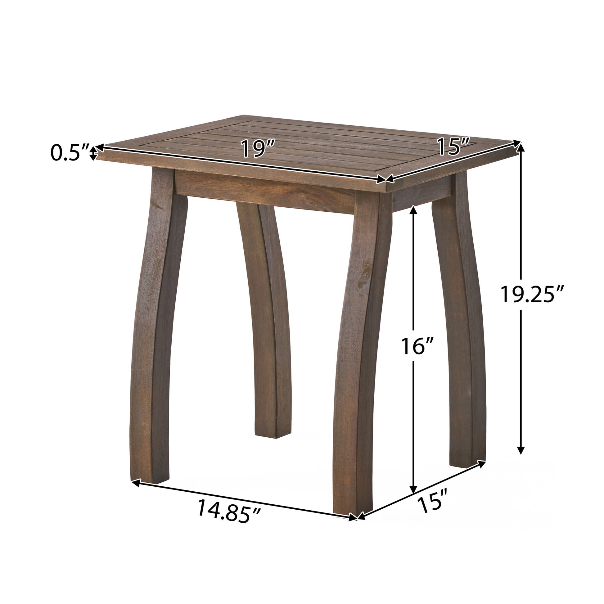 The Kinesis Outdoor Side Table features a rectangular slatted wood top (19" x 15"), stands 19.25" high, has four gently curved 16" legs, a 0.5" thick top, and a leg base of 14.85" x 15".