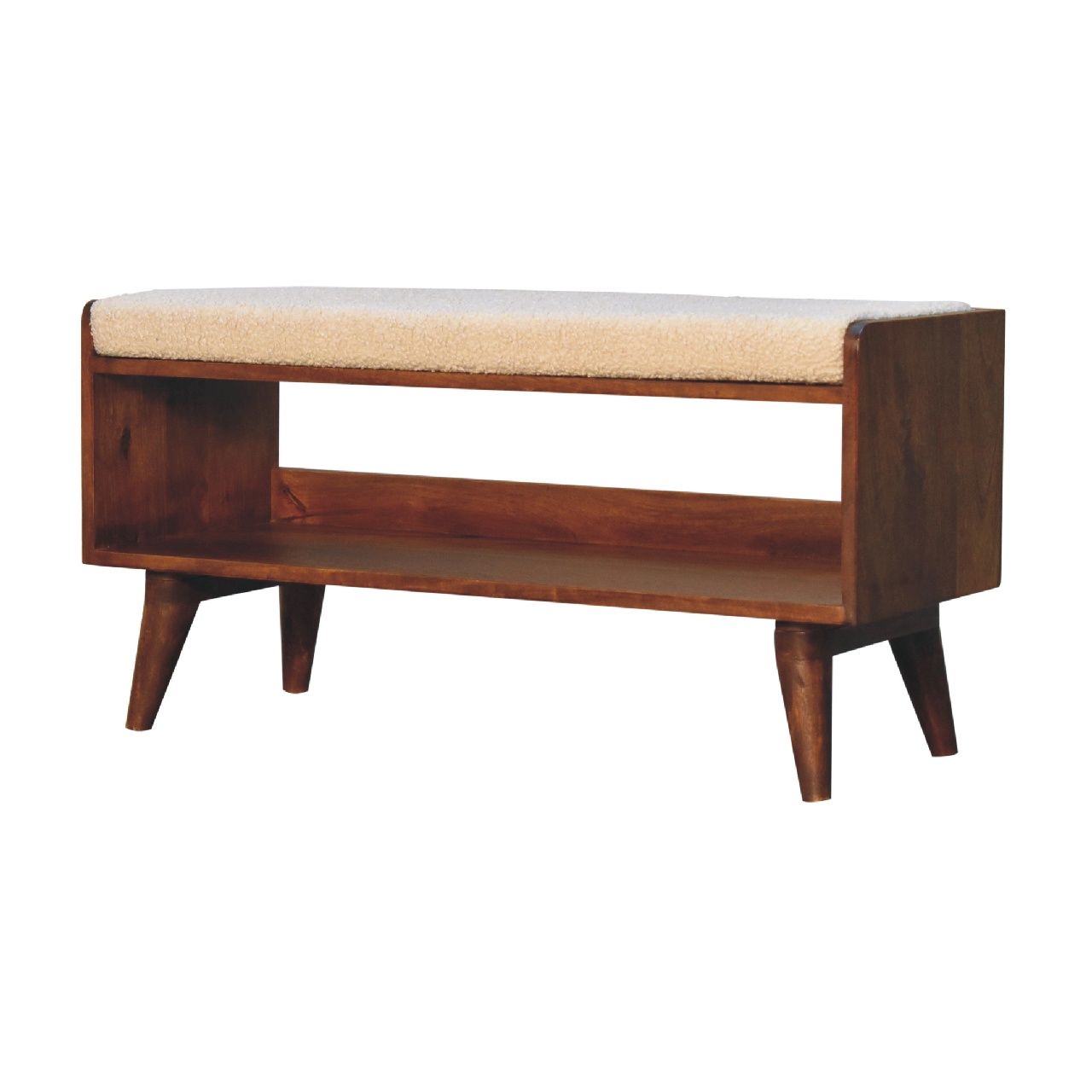The Solid Wood Bench With Upholstered Seat features tapered legs, an open lower shelf, and a light-colored fabric cushion. Its minimalist, mid-century modern design adds timeless style to any space.