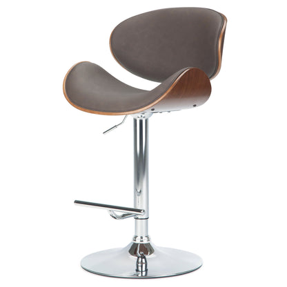 The Marana Multifunctional Handcrafted Bentwood Adjustable Swivel Bar Stool features a curved brown padded seat, wood accents, a chrome adjustable base, and a footrest.