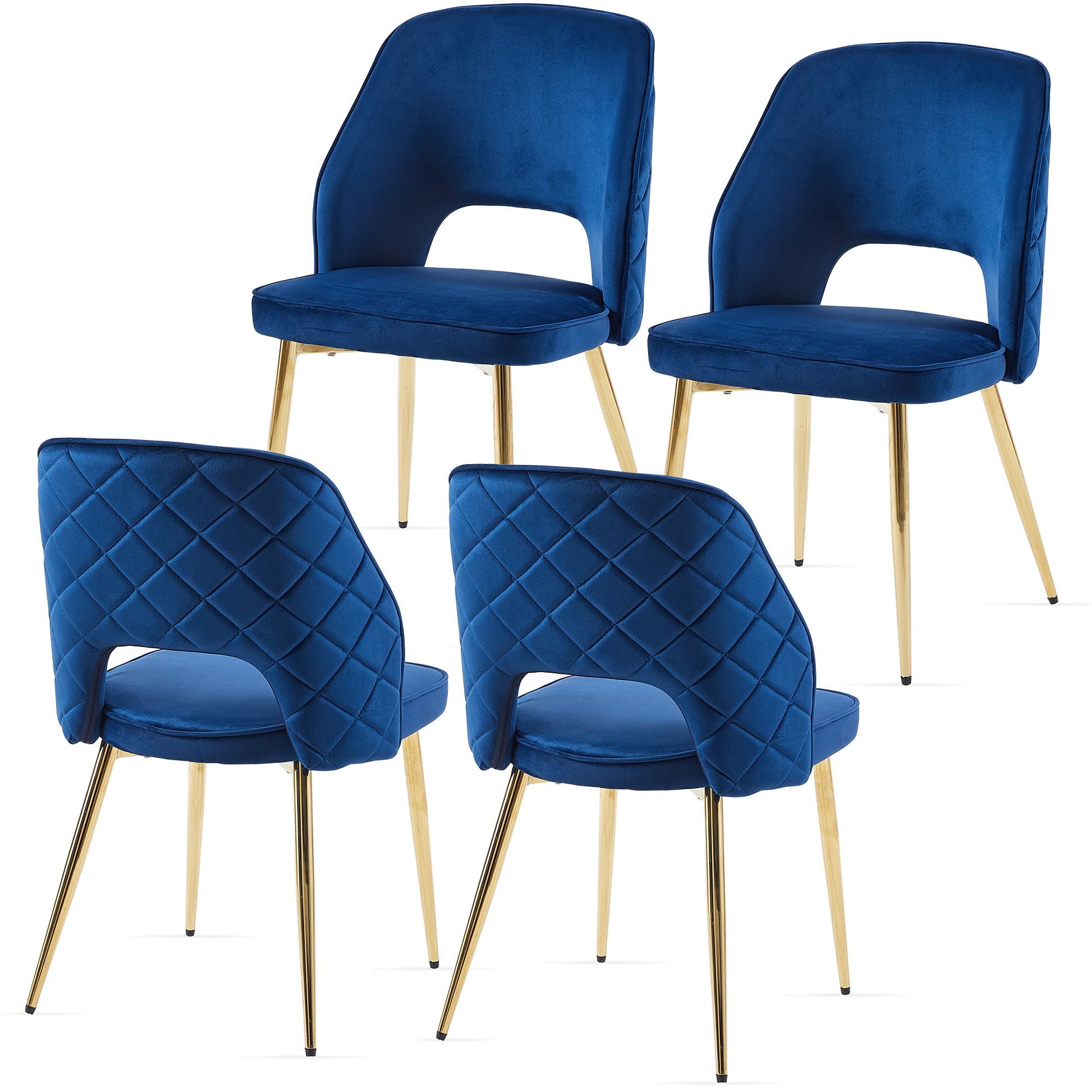 A set of four Velvet Dining Chairs With Metal Legs And Hollow Back, upholstered in royal blue velvet with gold legs and a quilted diamond pattern on the backrests, arranged on a white background.