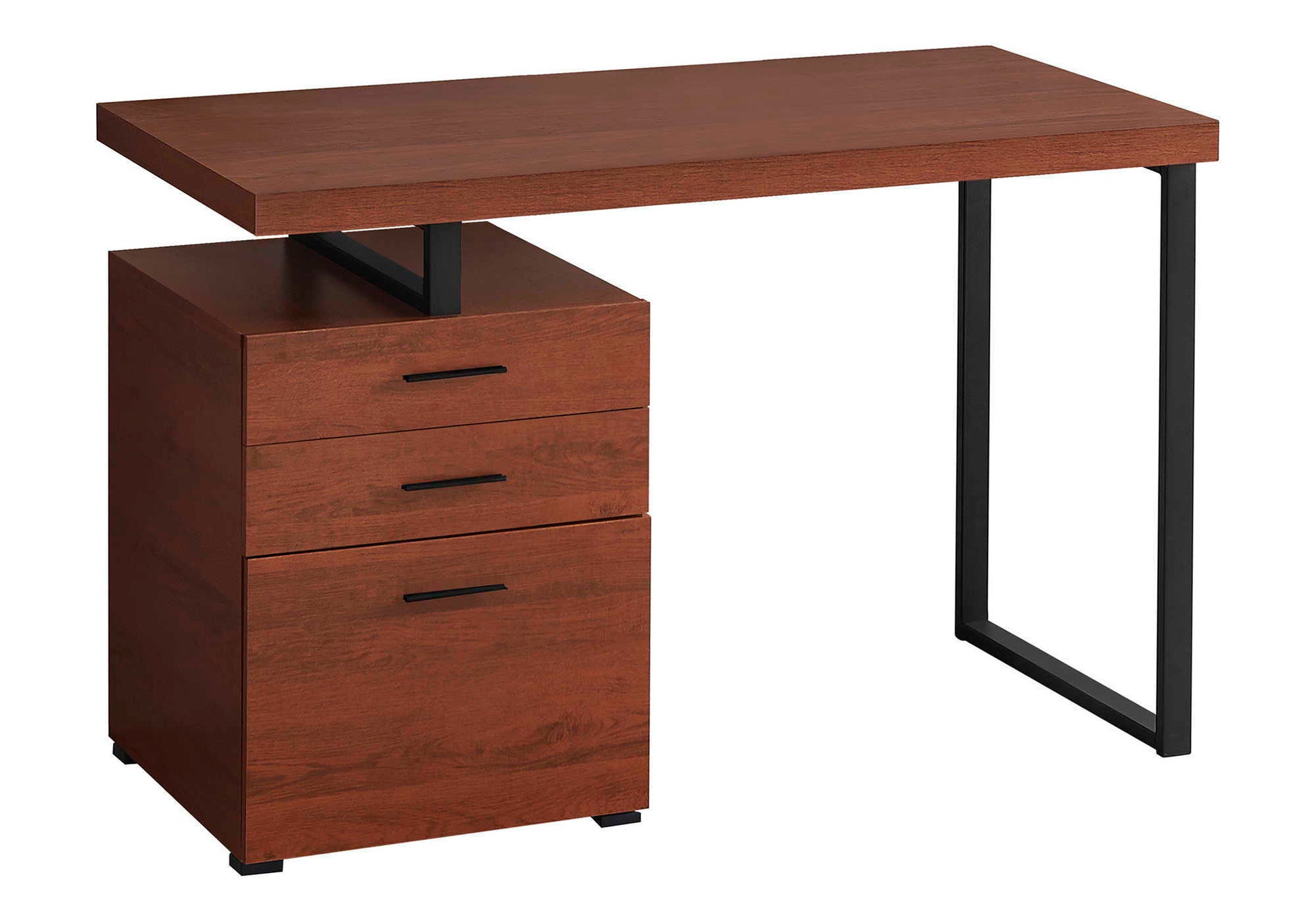 The Computer Desk For Home Office features a minimalist wooden design with a dark metal frame, three left-side storage drawers, and a spacious rectangular tabletop. Suitable for laptop use, with flexible left or right setup options.