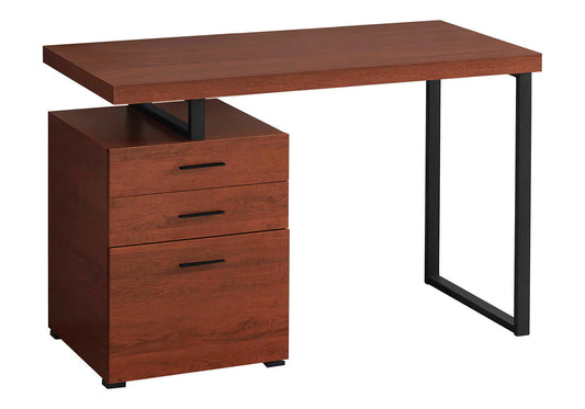 The Computer Desk For Home Office features a minimalist wooden design with a dark metal frame, three left-side storage drawers, and a spacious rectangular tabletop. Suitable for laptop use, with flexible left or right setup options.