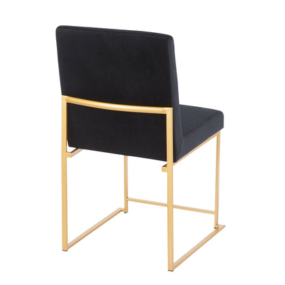 The Fuji High Back Dining Chair set features a contemporary gold metal frame, open rectangular legs, and a black upholstered seat and backrest, shown here from the rear.
