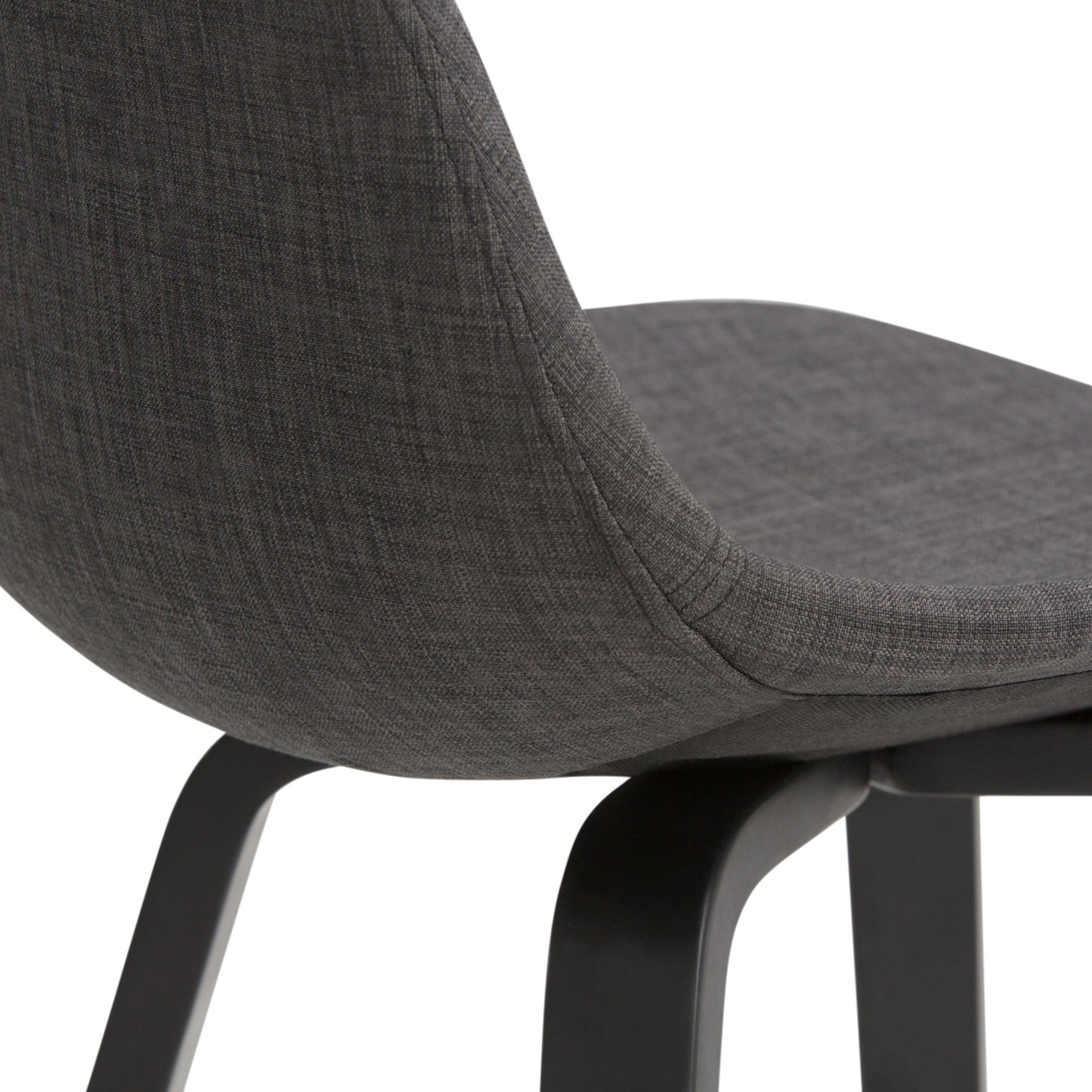 Close-up of the Randolph Bentwood Counter/Bar Height Stool (Set of 2) with a curved, upholstered dark gray fabric seat and backrest, and smooth black wooden legs, shown against a white background.