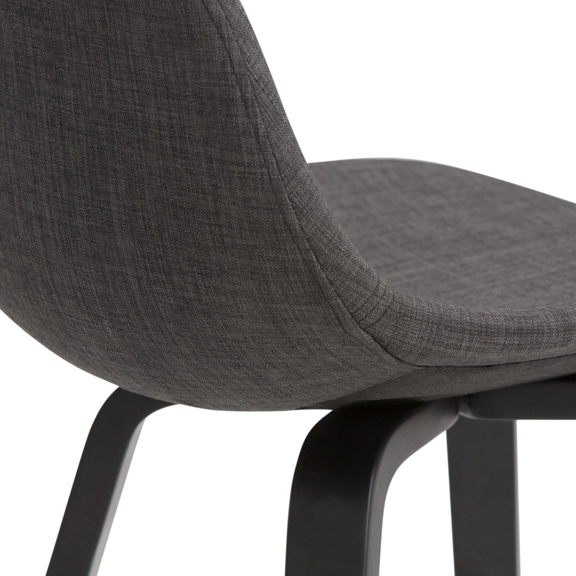 Close-up of the Randolph Bentwood Counter/Bar Height Stool (Set of 2) with a curved, upholstered dark gray fabric seat and backrest, and smooth black wooden legs, shown against a white background.