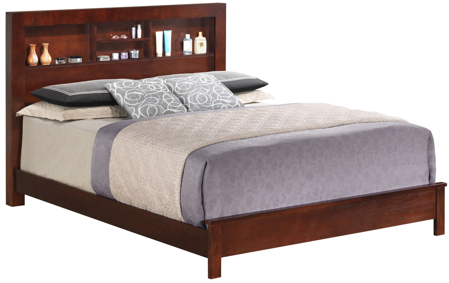 The Bed With Transitional Design Stylish features a wooden frame with a headboard that includes built-in shelves for decor and toiletries. It is neatly made with a light quilt, gray blanket, and two patterned pillows.
