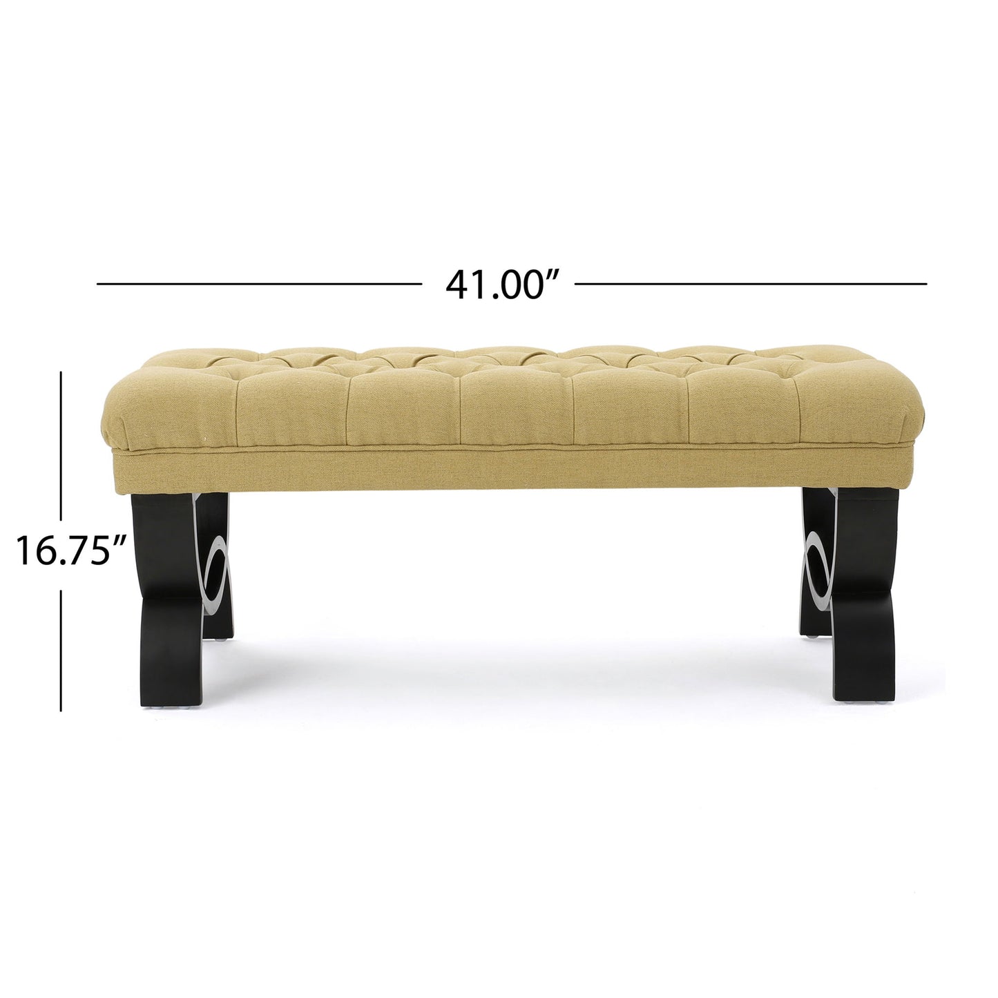 The Hilton - Ottoman Bench Classic Style features a beige tufted seat, black curved legs, and measures 41" wide by 16.75" high.