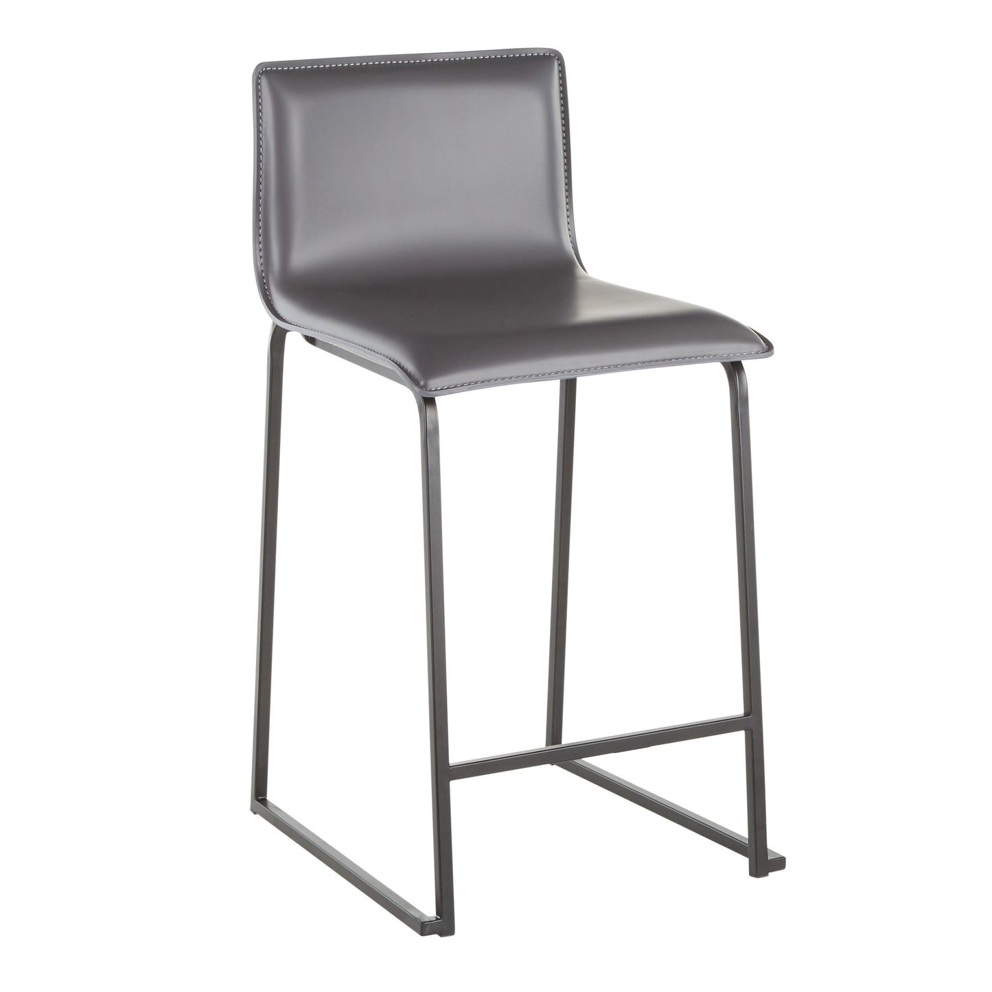 The Mara Upholstered Contemporary Counter Stool Set features a modern design with sleek gray leather seats and backrests, complemented by minimalist black metal legs and a footrest, exuding simple elegance.