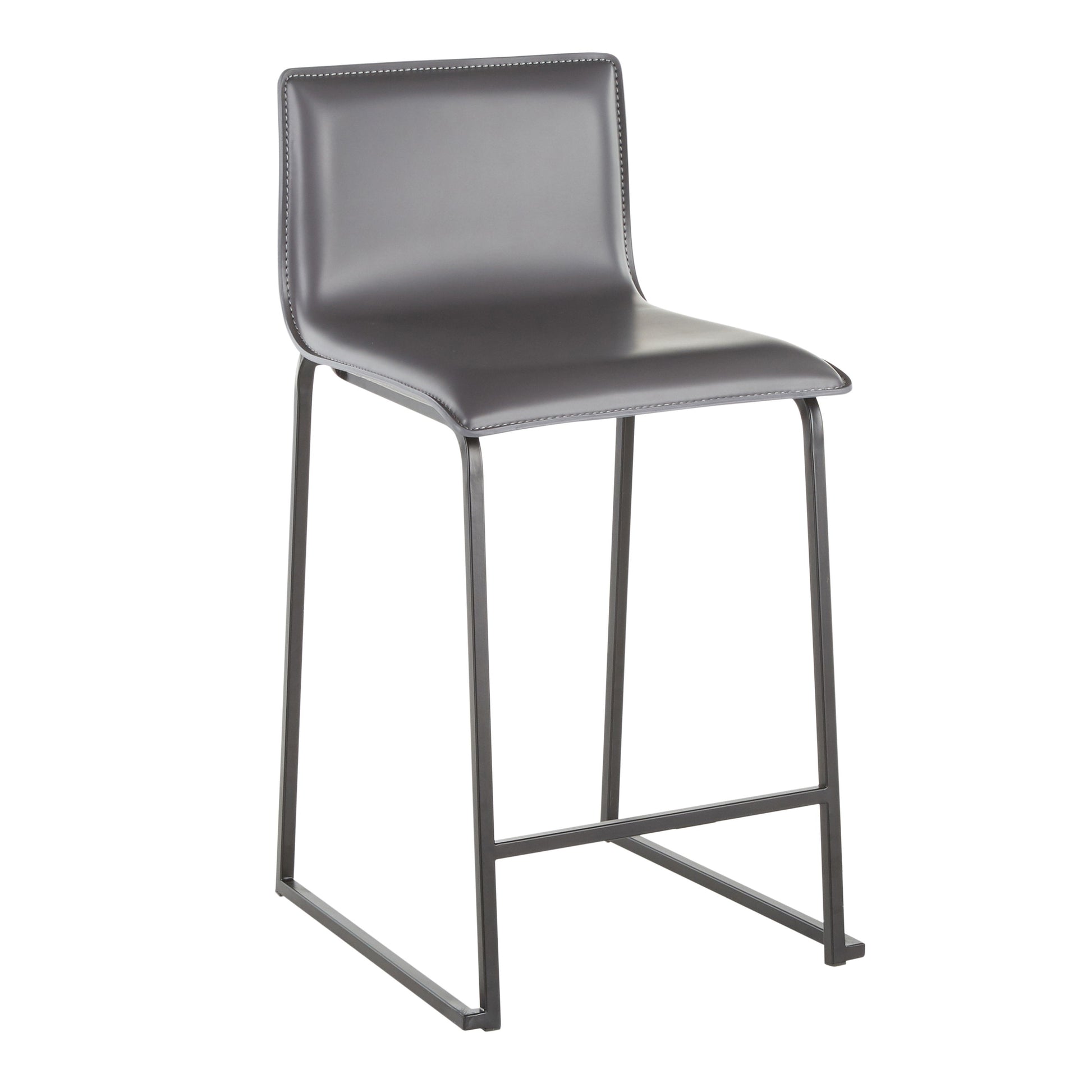 The Mara Upholstered Contemporary Counter Stool Set features a modern design with sleek gray leather seats and backrests, complemented by minimalist black metal legs and a footrest, exuding simple elegance.