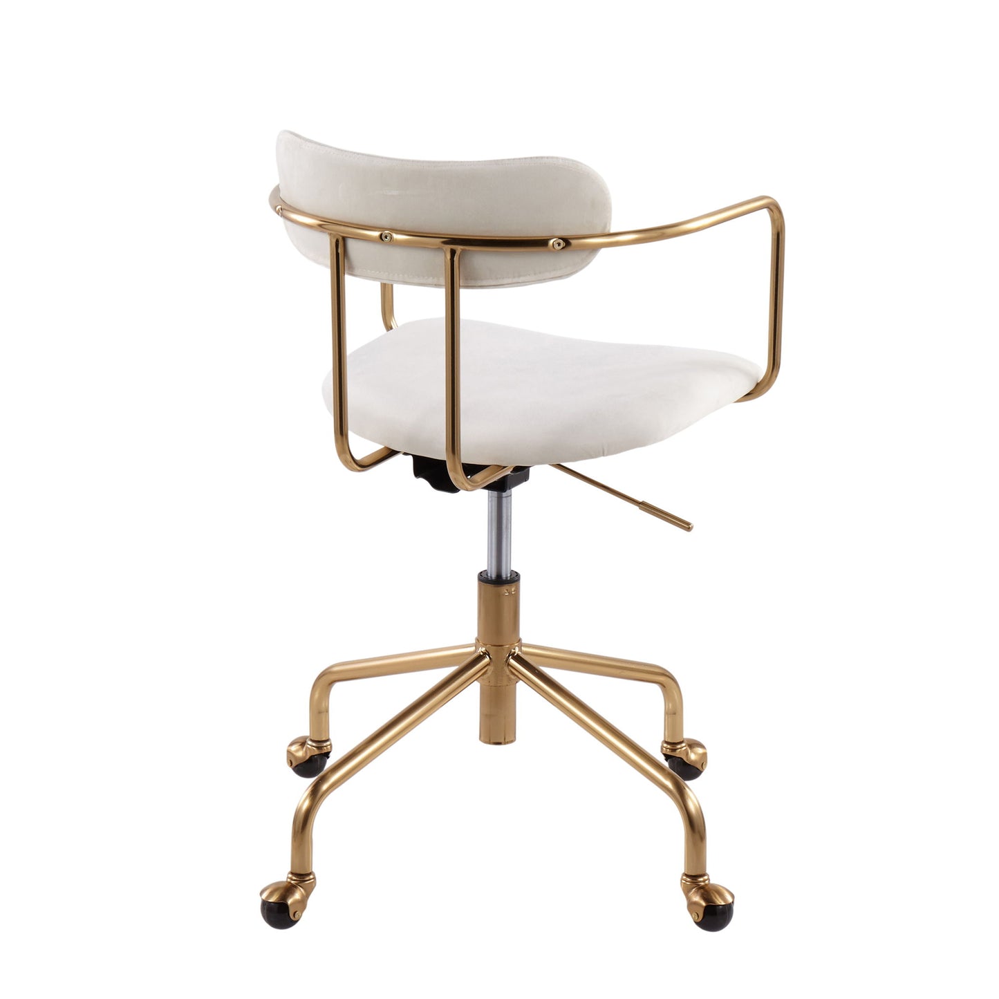 The Demi - Contemporary Office Chair features a gold metal frame, white cushioned seat and backrest, five caster wheels, and an adjustable height lever, shown from the back.