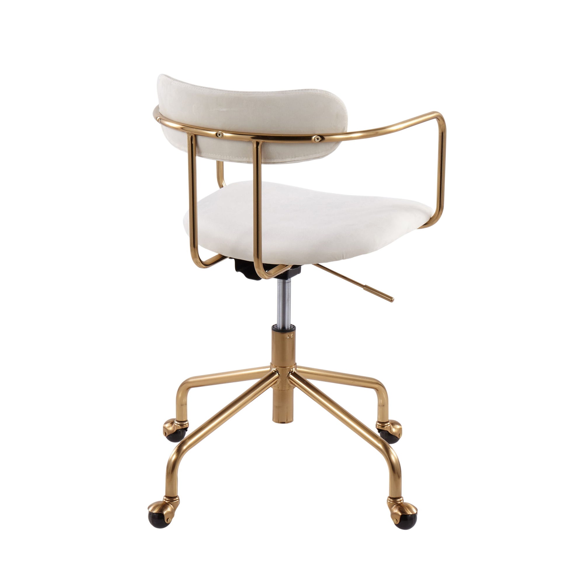 The Demi - Contemporary Office Chair features a gold metal frame, white cushioned seat and backrest, five caster wheels, and an adjustable height lever, shown from the back.