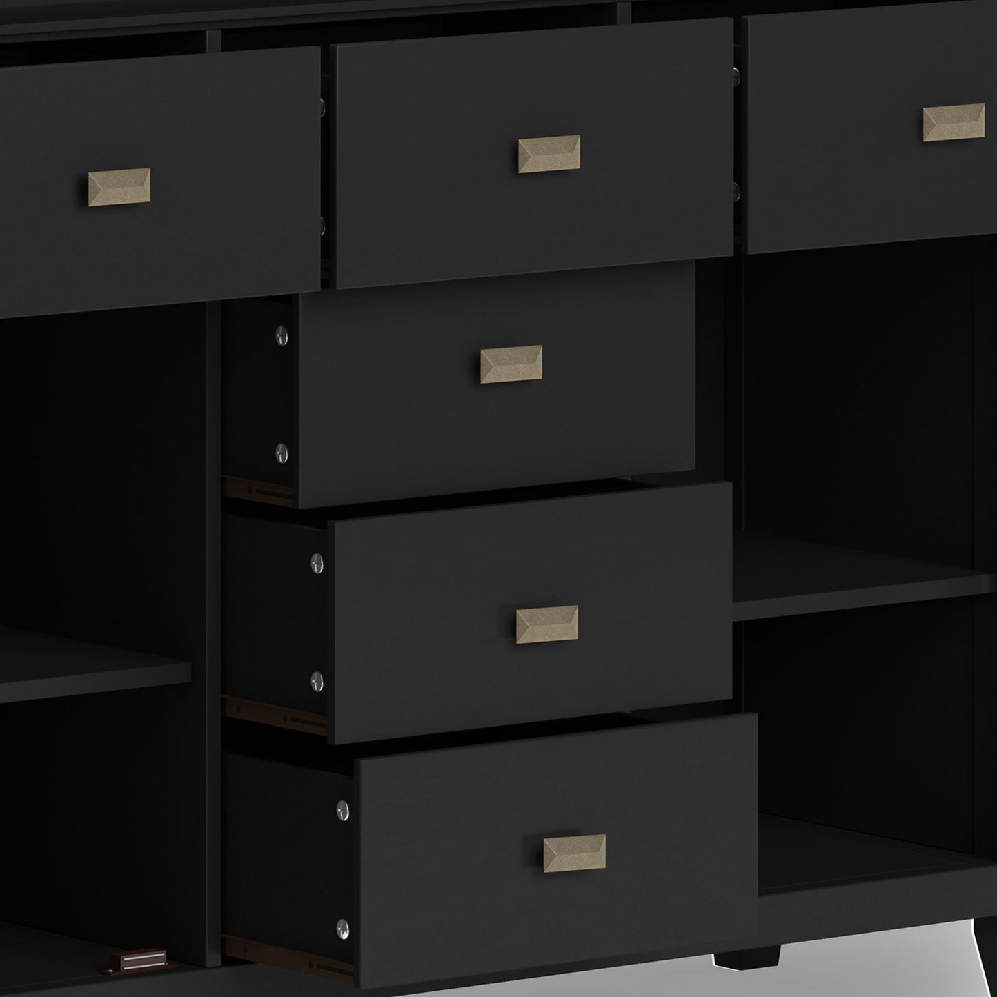 A close-up of the Artisan - Handcrafted Sideboard Buffet, featuring three partially open black drawers with rectangular metallic handles and empty shelves on both sides.