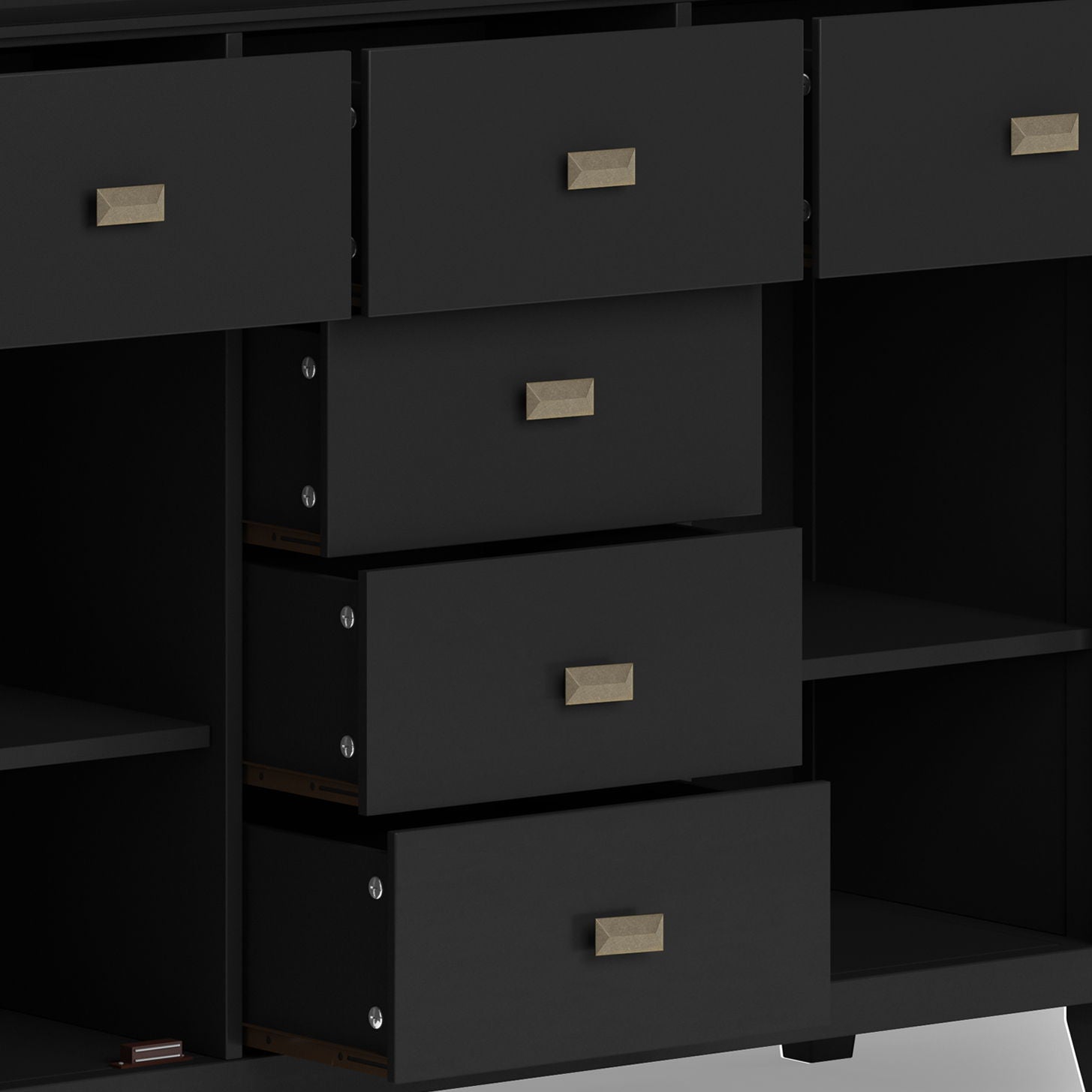 A close-up of the Artisan - Handcrafted Sideboard Buffet, featuring three partially open black drawers with rectangular metallic handles and empty shelves on both sides.
