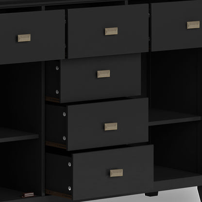 A close-up of the Artisan - Handcrafted Sideboard Buffet, featuring three partially open black drawers with rectangular metallic handles and empty shelves on both sides.