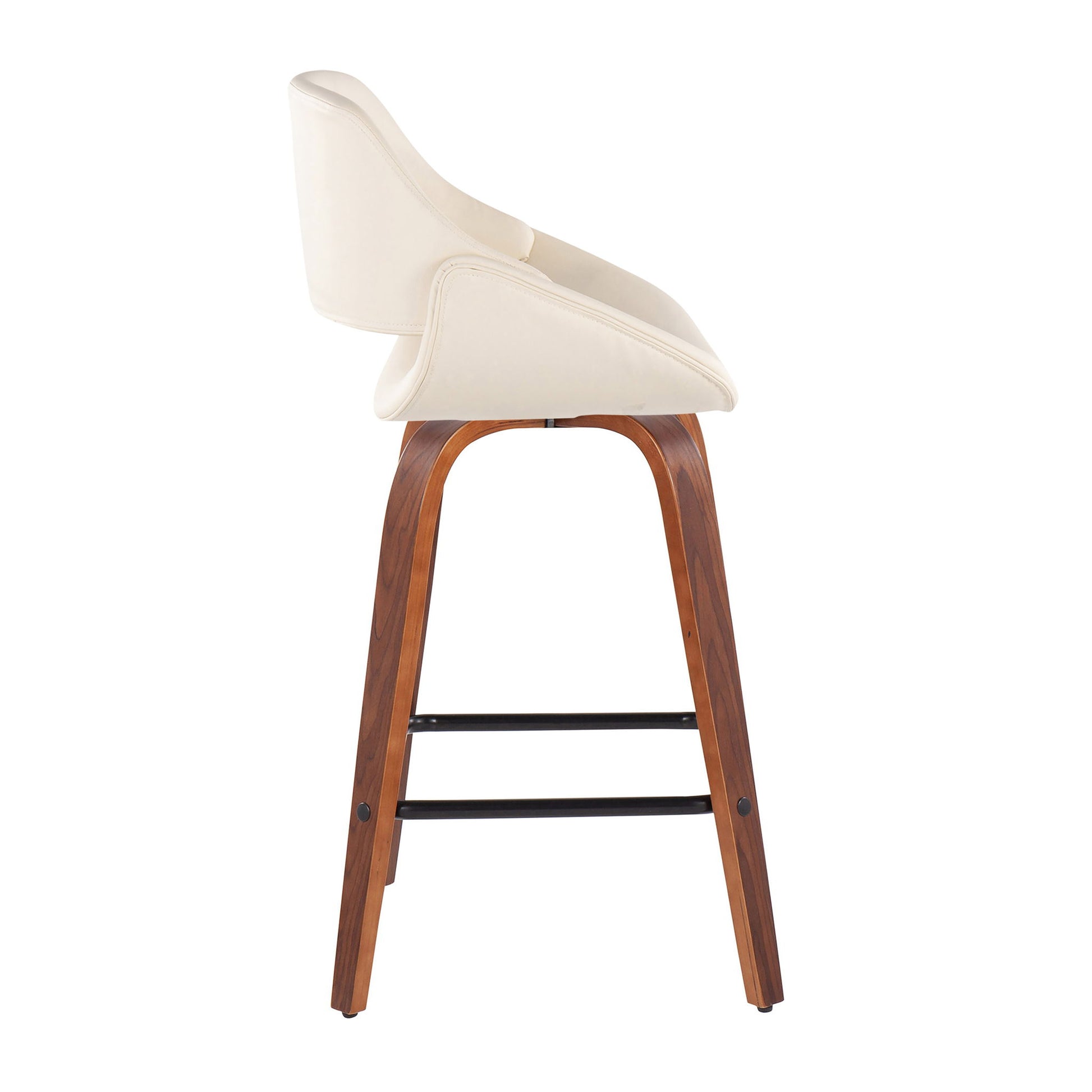 The Fabrico Mid-Century Modern Counter Stools (Set of 2) feature cream curved seats and backs, angled wooden legs, and black metal footrests, displayed in profile view against a white background.