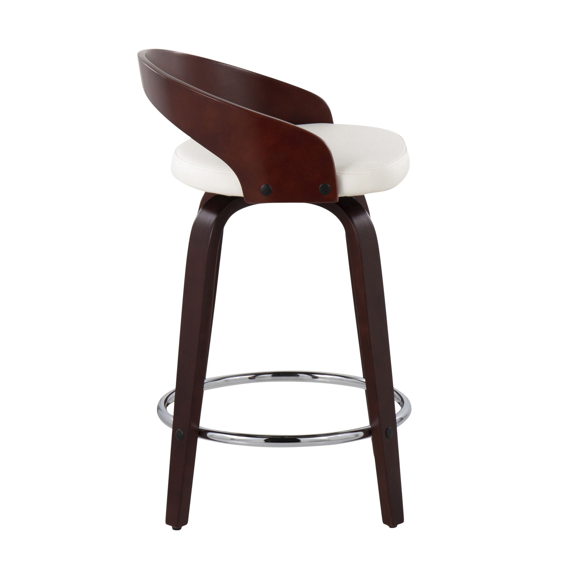 The Grotto Contemporary Fixed Height Counter Stool & Swivel (Set of 2) features a curved dark wood backrest, white cushioned seat, and four wooden legs joined by a round chrome footrest.