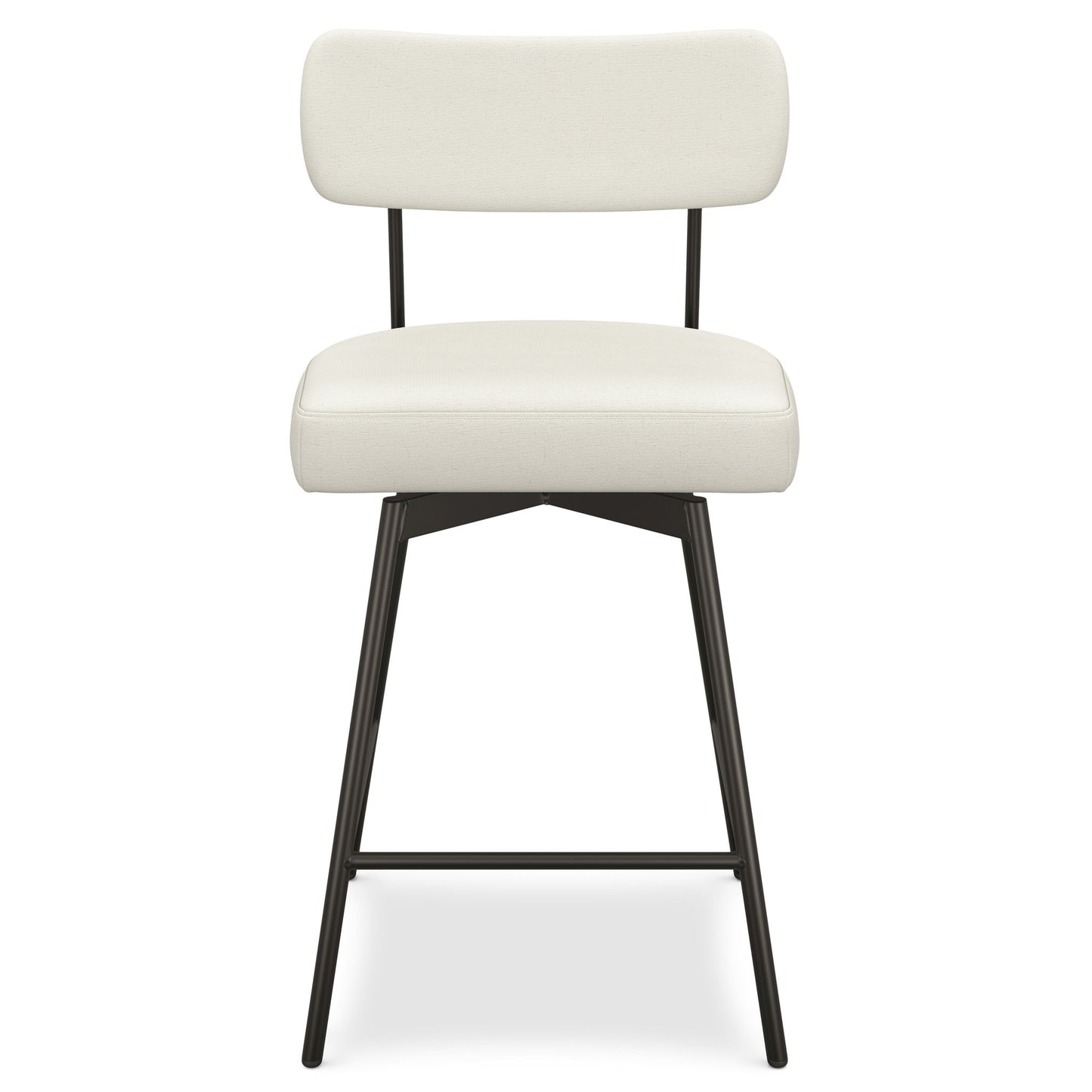 The Giselle Swivel Counter Height Stool (Set of 2) features a modern, minimalist design with padded white seats and backrests, plus a black metal frame with angled legs and footrests.