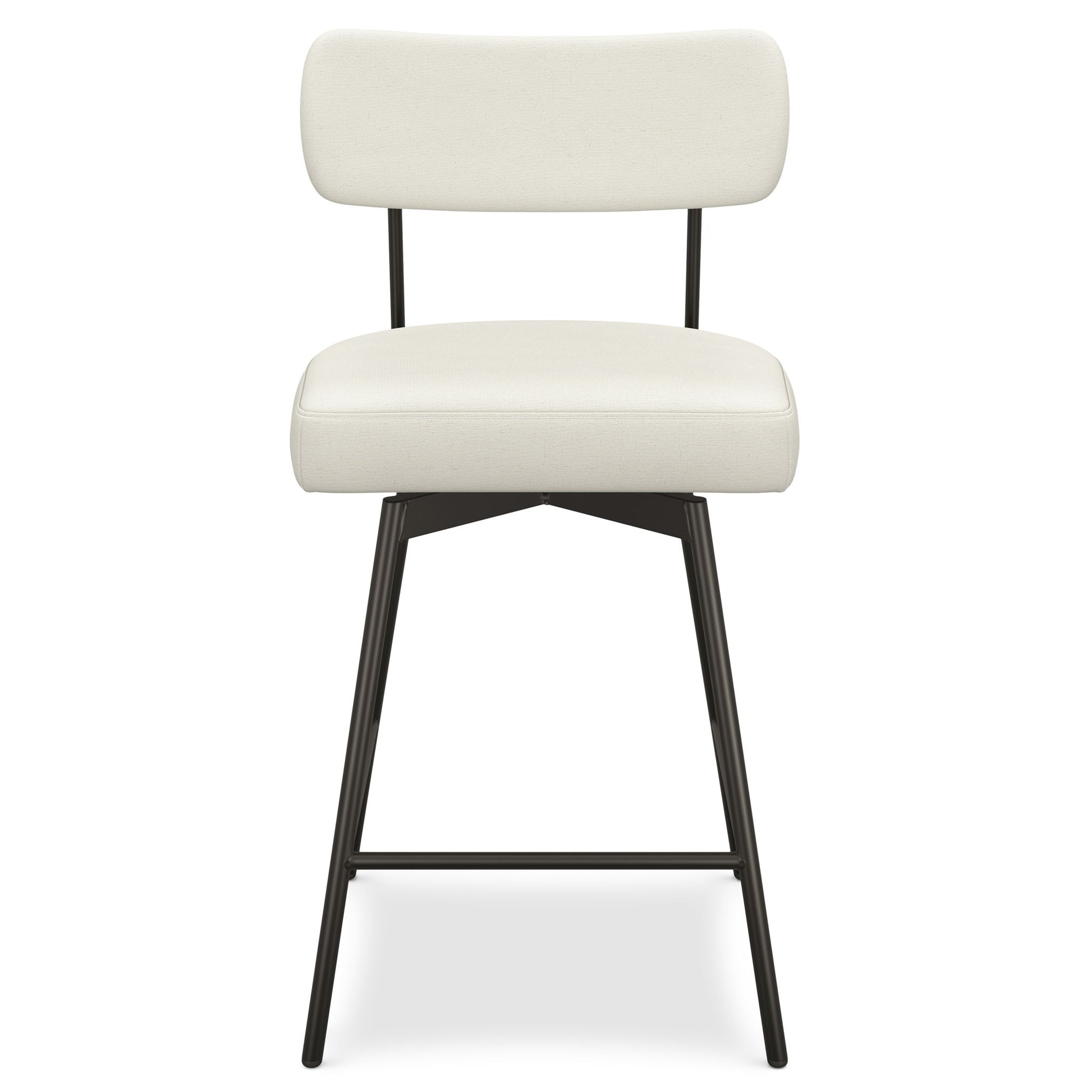 The Giselle Swivel Counter Height Stool (Set of 2) features a modern, minimalist design with padded white seats and backrests, plus a black metal frame with angled legs and footrests.