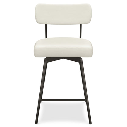 The Giselle Swivel Counter Height Stool (Set of 2) features a modern, minimalist design with padded white seats and backrests, plus a black metal frame with angled legs and footrests.