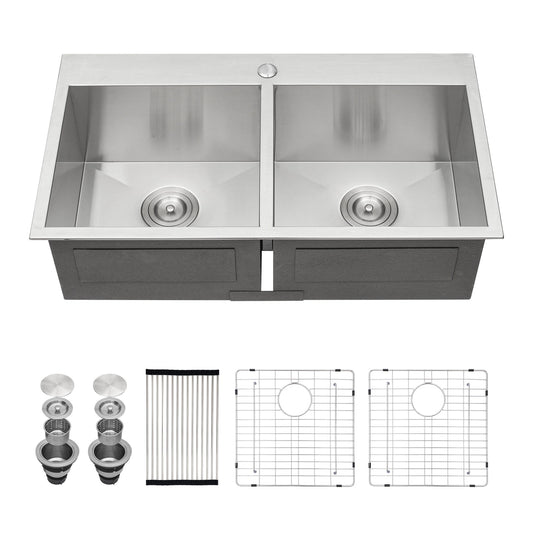 Double Bowl Drop In Sink, Stainless Steel With 50 / 50 Basins 18 Gauge - Brushed Nickel