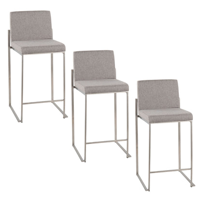 The Fuji Contemporary High Back Counter Stool features a functional, minimalist design with sleek metal frames and light gray cushioned seats and backs. Available in three modern heights to suit your space.