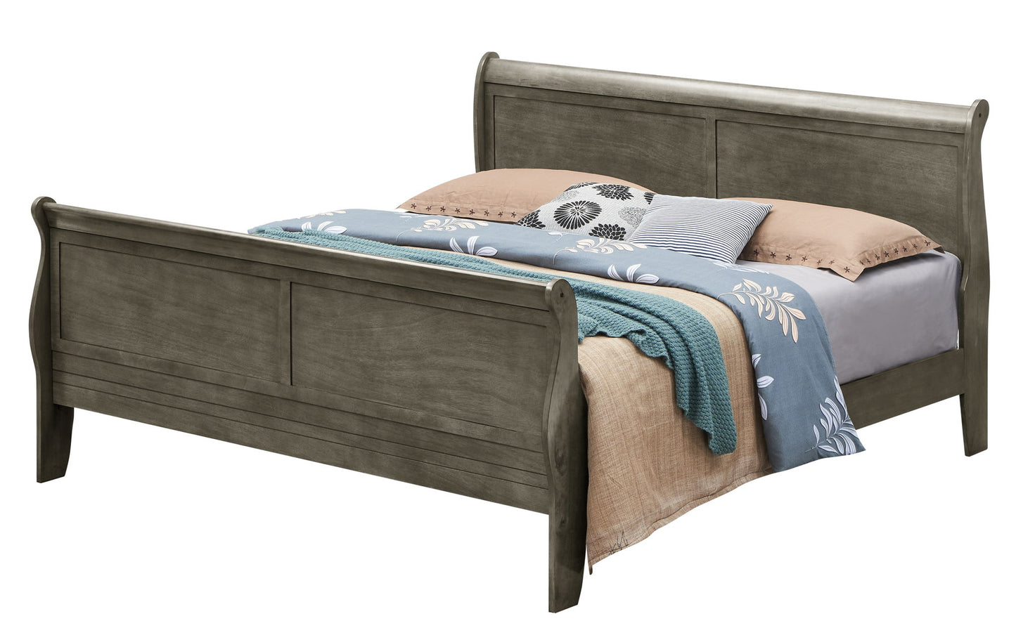 A Panel Sleigh Bed with a gray finish, styled with beige and blue bedding, a textured teal blanket, and several pillows, including one featuring a floral design.