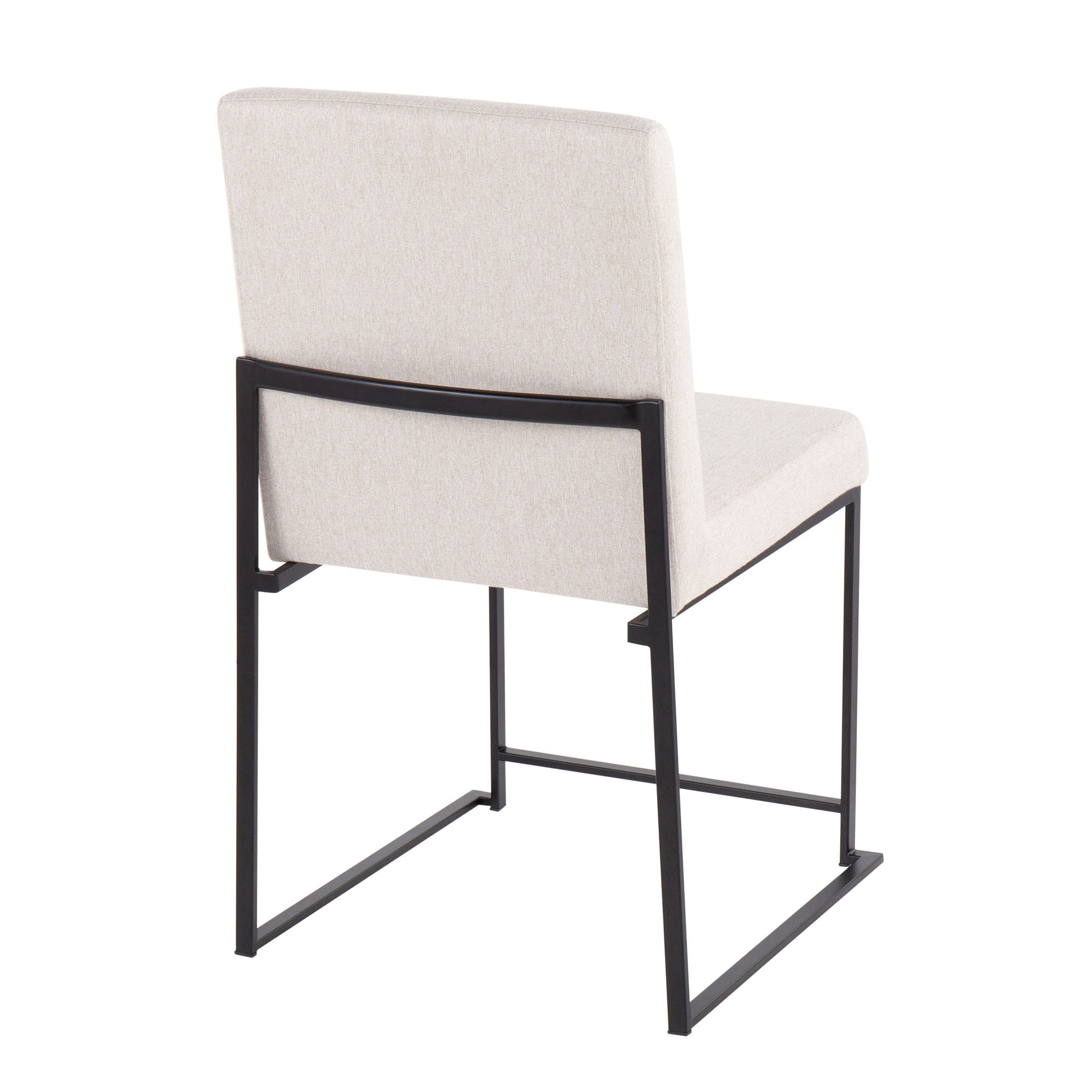 The Fuji - Contemporary Modern Elegance With High Back Dining Chair (Set of 2) features light beige upholstery, a rectangular backrest, and a black metal cantilever frame, displayed from the back against a white background.