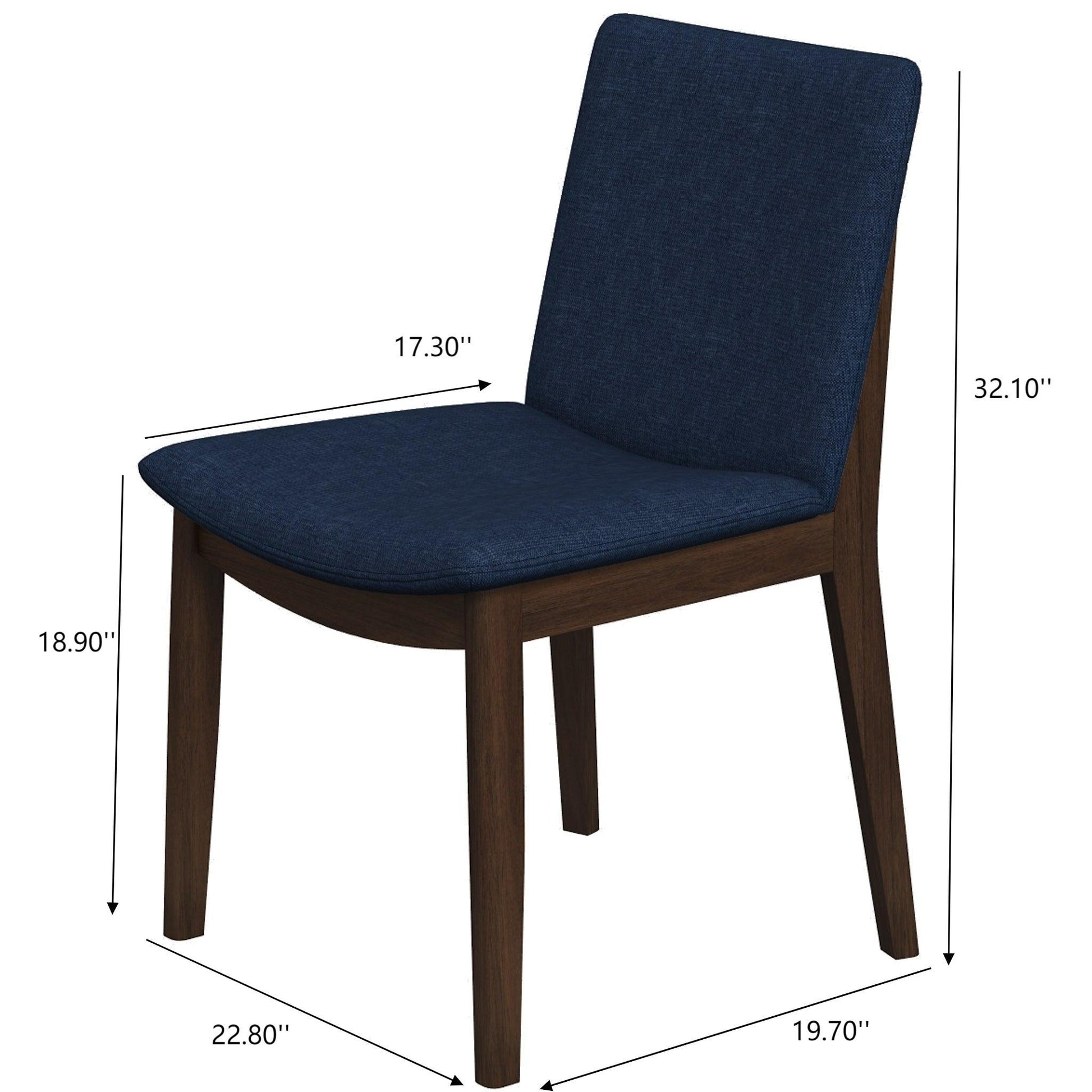 The Laura Mid-Century Modern Solid Wood Dining Chair (Set of 2) features a dark wooden frame with navy blue cushioned seat and backrest. Dimensions: 32.10" tall, seat height 18.90", width 19.70", depth 17.30", length 22.80".