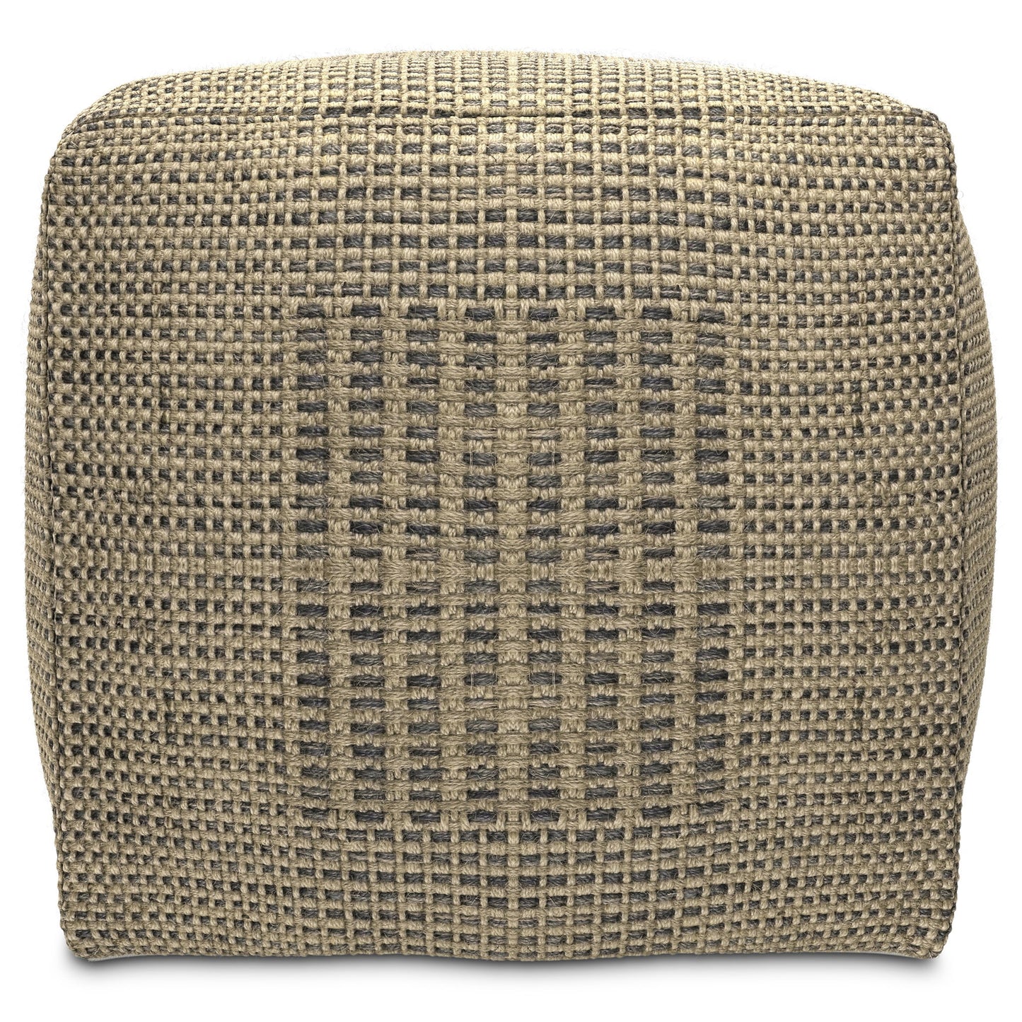 The Delilah Square Woven Pouf in Natural features textured fabric with a brown and beige checkered pattern, accented by darker vertical and horizontal center lines.