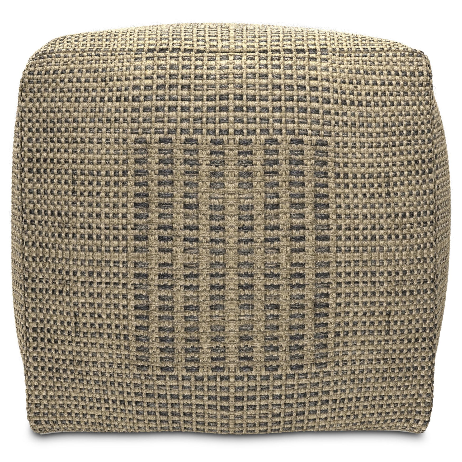 The Delilah Square Woven Pouf in Natural features textured fabric with a brown and beige checkered pattern, accented by darker vertical and horizontal center lines.