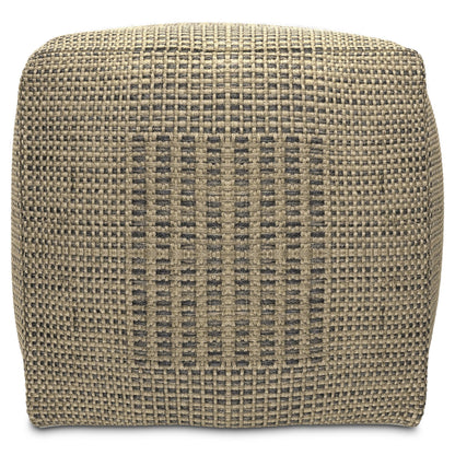 The Delilah Square Woven Pouf in Natural features textured fabric with a brown and beige checkered pattern, accented by darker vertical and horizontal center lines.