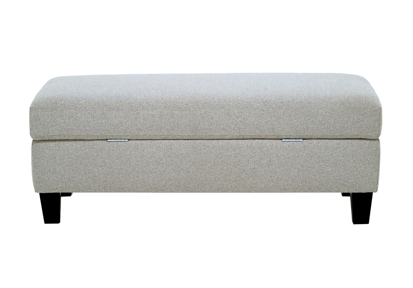 The Drason Storage Ottoman is a rectangular, light gray upholstered bench featuring a cushioned top and short black wooden legs, shown from the front.