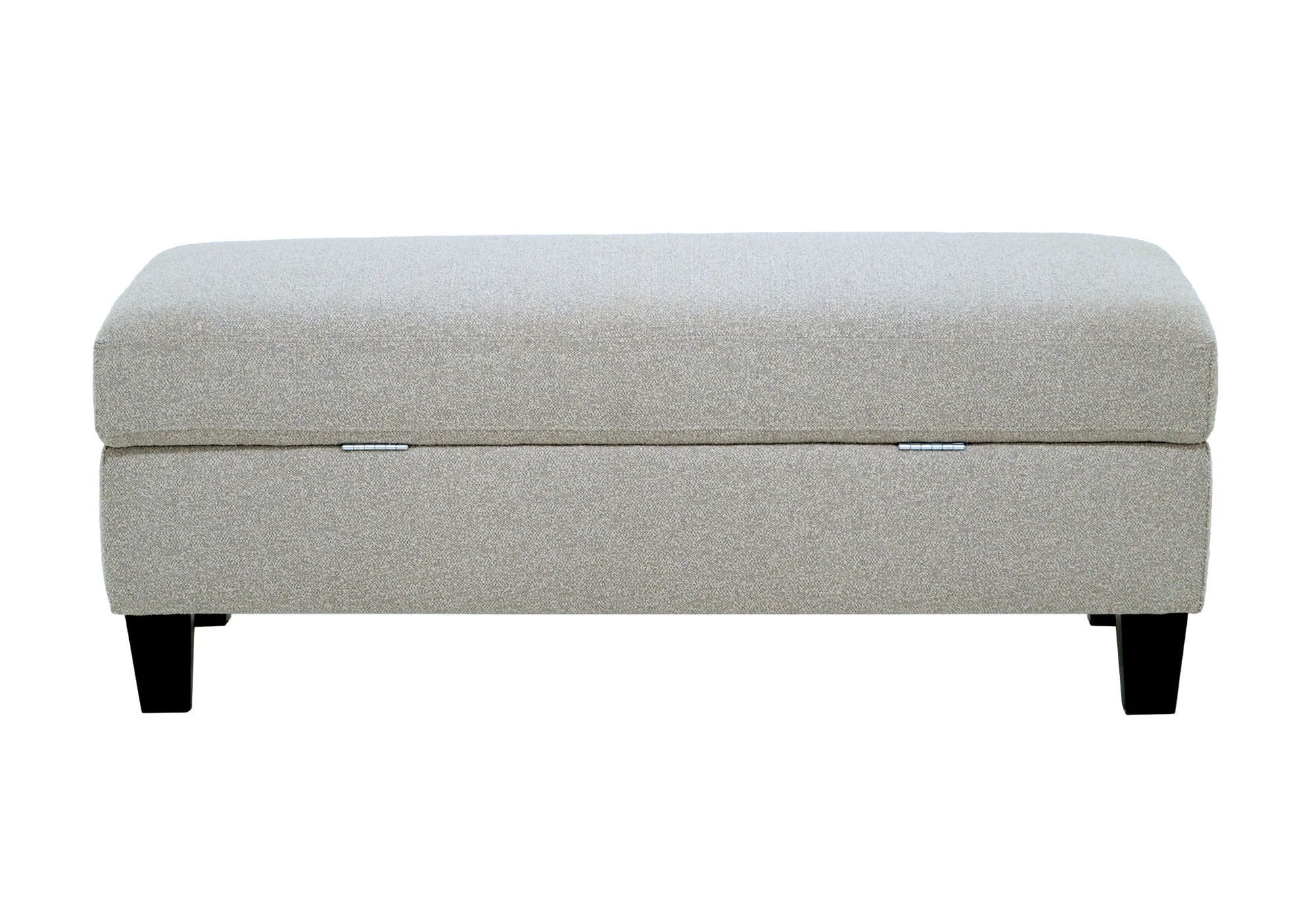 The Drason Storage Ottoman is a rectangular, light gray upholstered bench featuring a cushioned top and short black wooden legs, shown from the front.