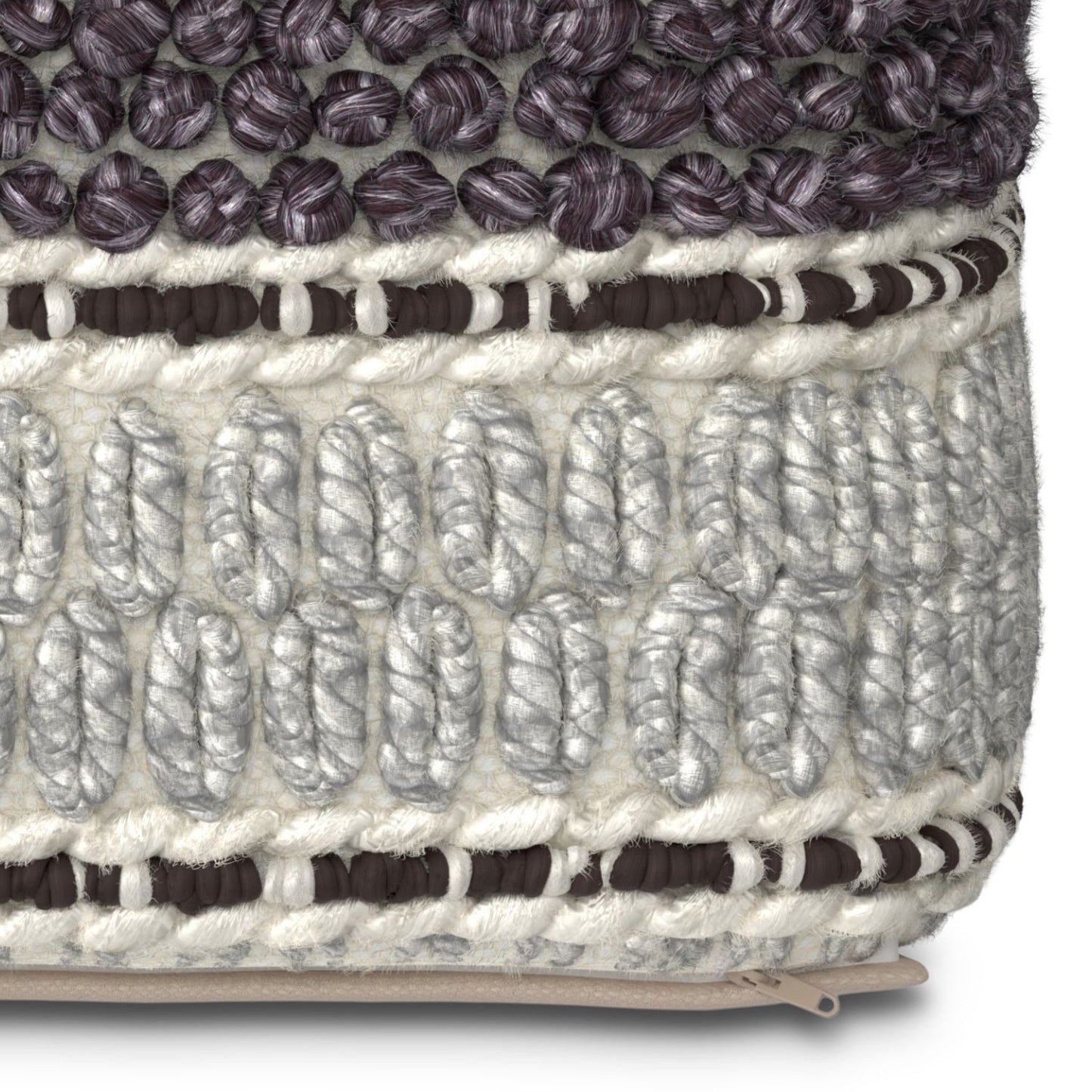 Close-up of the Grady - Handcrafted Square Pouf, showcasing thick yarn in white, gray, and dark purple with chunky oval crochet patterns and horizontal color bands.
