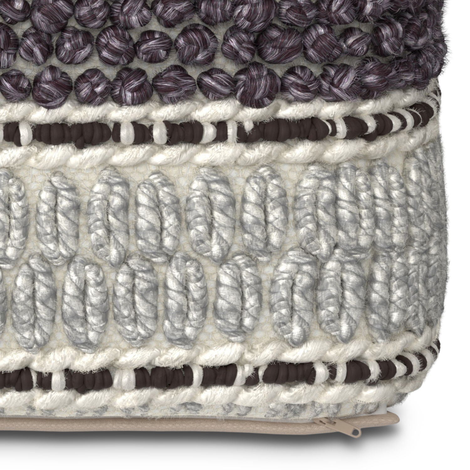 Close-up of the Grady - Handcrafted Square Pouf, showcasing thick yarn in white, gray, and dark purple with chunky oval crochet patterns and horizontal color bands.
