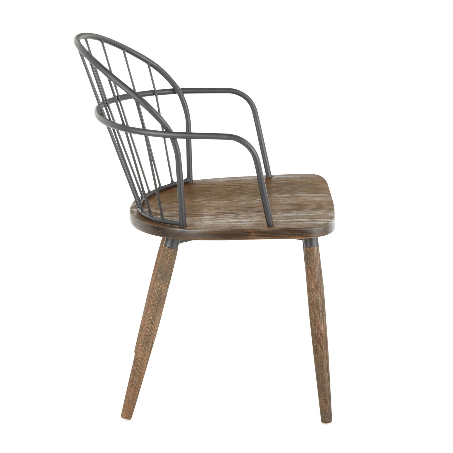 Side view of the Riley - Farmhouse Office Chair, featuring a wooden seat and legs with a black metal backrest and armrests designed with thin vertical bars.