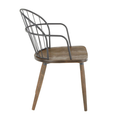 Side view of the Riley - Farmhouse Office Chair, featuring a wooden seat and legs with a black metal backrest and armrests designed with thin vertical bars.