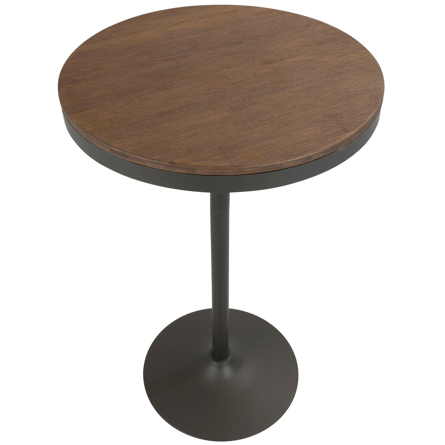 The Dakota Industrial Adjustable Bar Dinette Table features a round wooden tabletop with a dark metal pedestal base and circular foot, shown against a white background.