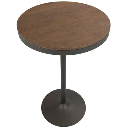 The Dakota Industrial Adjustable Bar Dinette Table features a round wooden tabletop with a dark metal pedestal base and circular foot, shown against a white background.