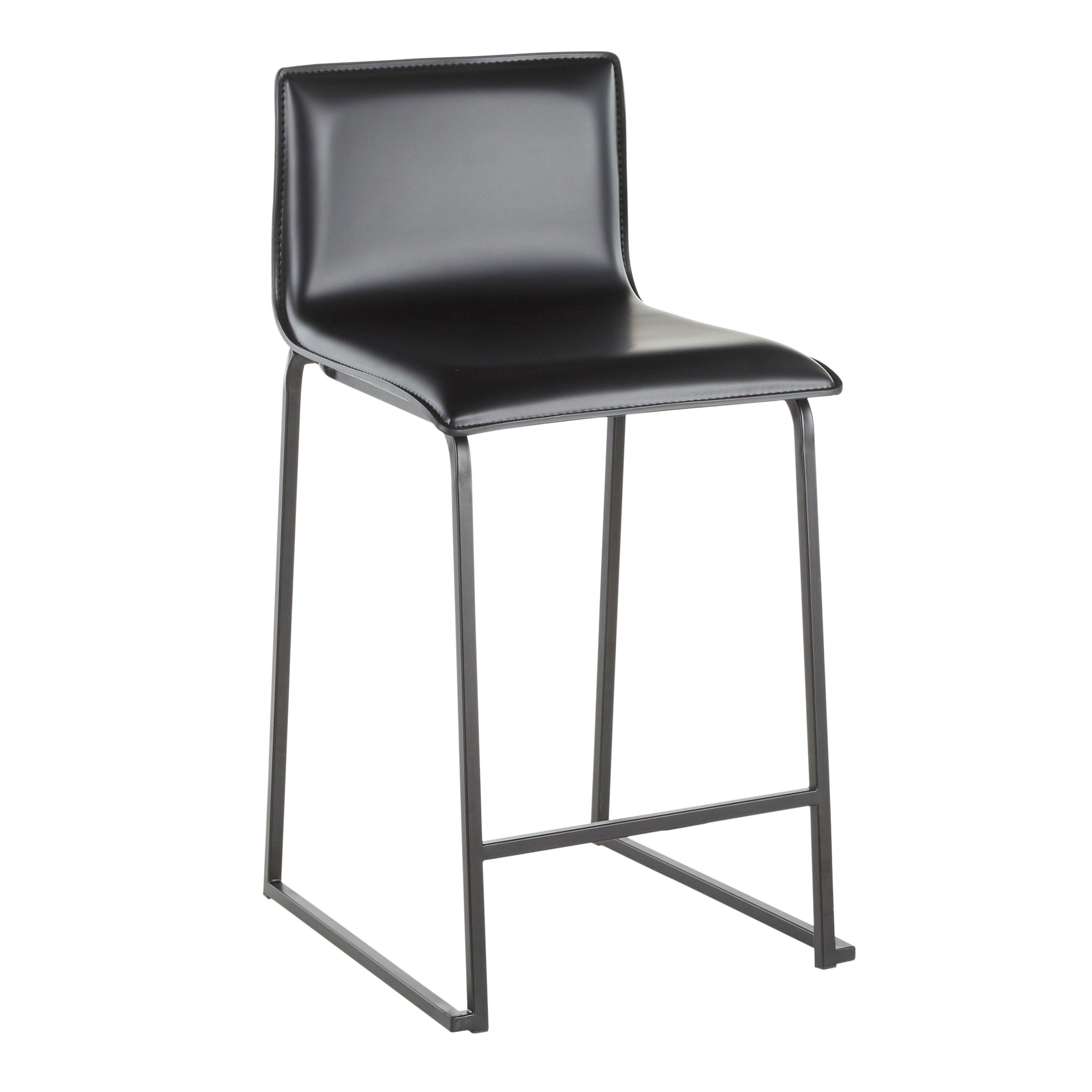 The Mara Upholstered Contemporary Counter Stool set includes two modern black stools with sleek, leather-like seats and backrests, minimalist metal frames without armrests, and a stylish square back design with footrests.