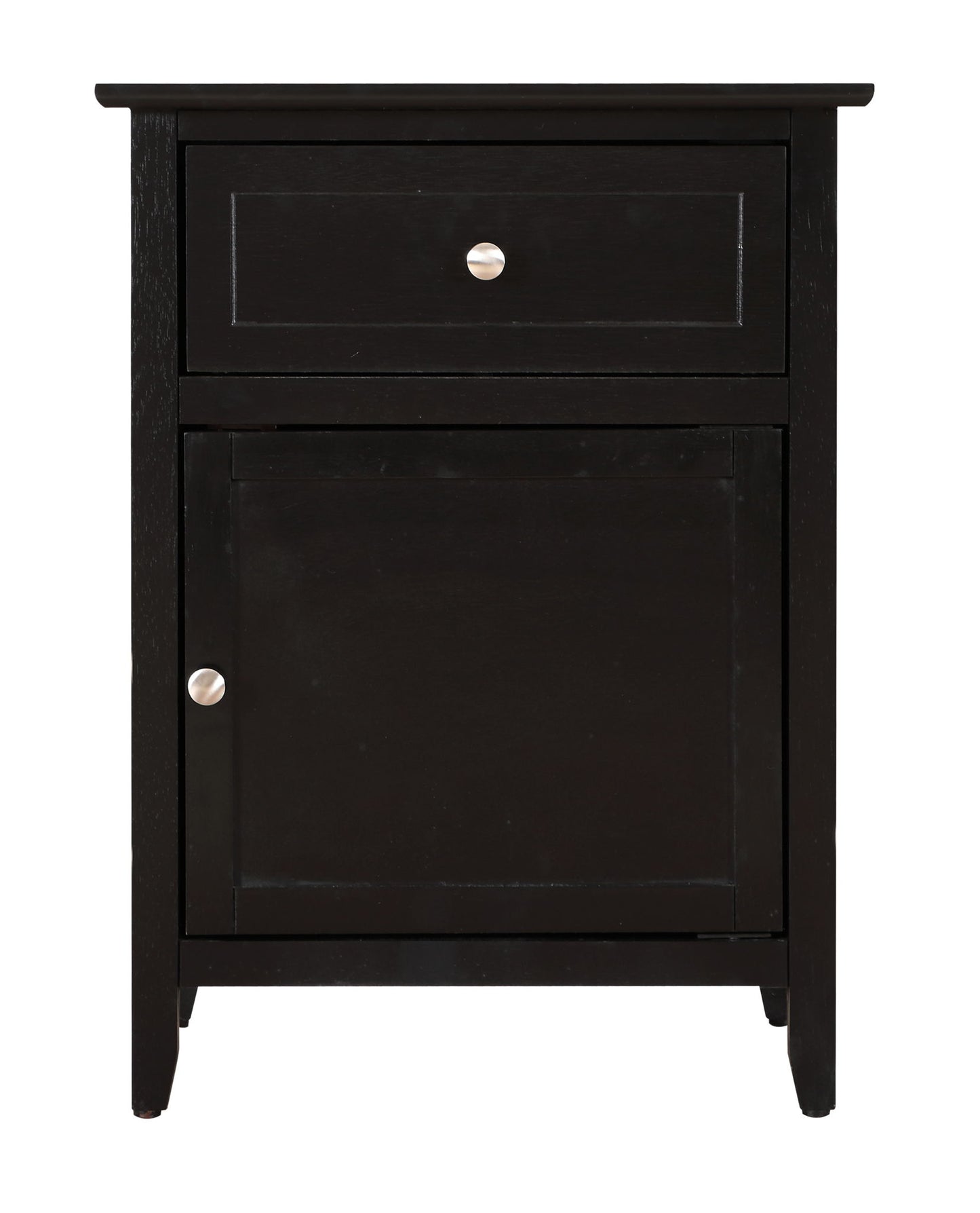 The Izzy nightstand is black wood with a top drawer and lower cabinet, each fitted with a round silver knob.