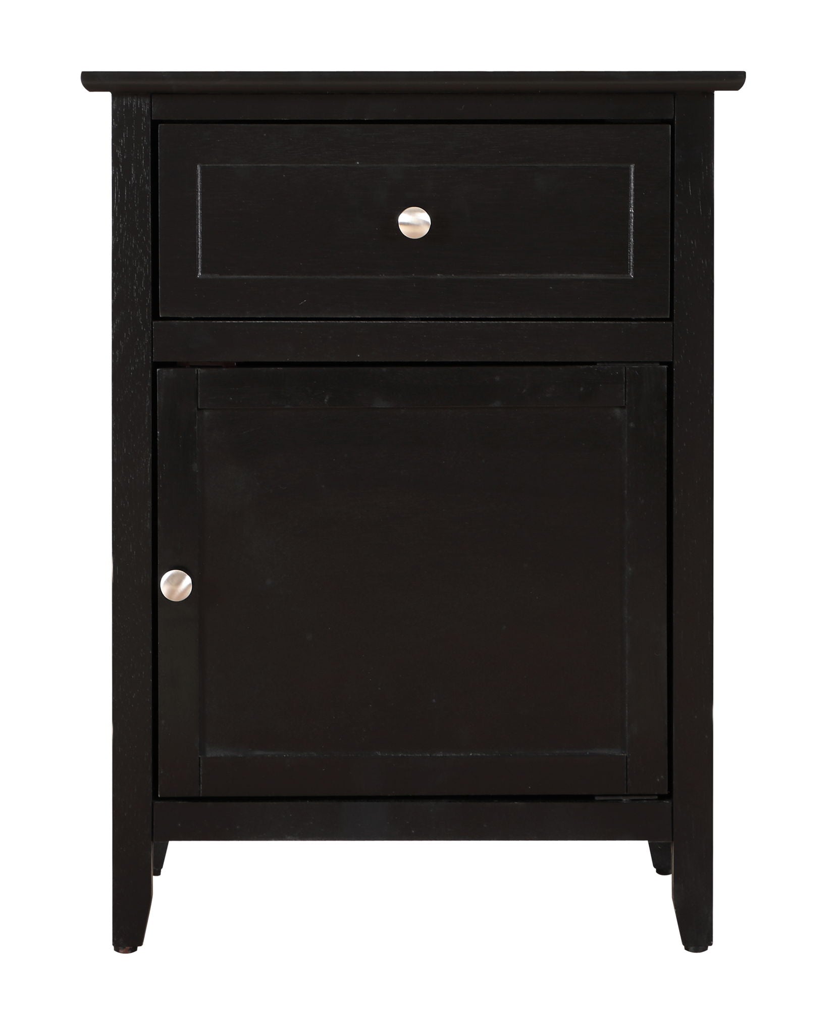 The Izzy nightstand is black wood with a top drawer and lower cabinet, each fitted with a round silver knob.