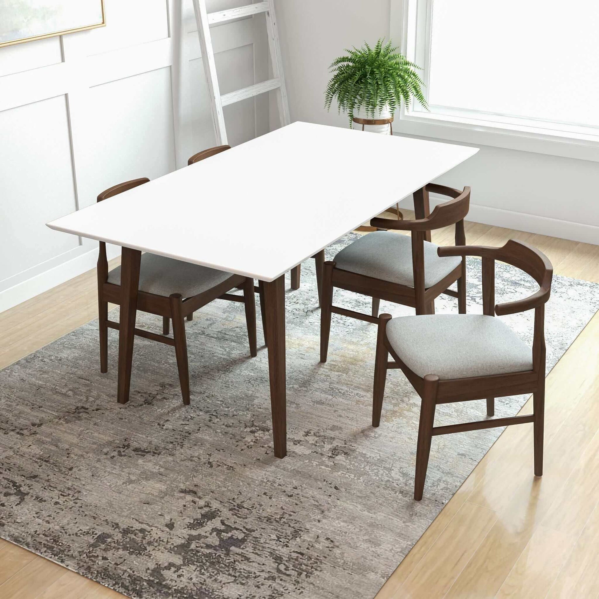 A modern dining area features the Levi - Modern Style Rectangular Dining Kitchen Table, four wooden chairs with gray cushions, a gray-patterned rug, a green potted plant, and a ladder shelf by a large window.
