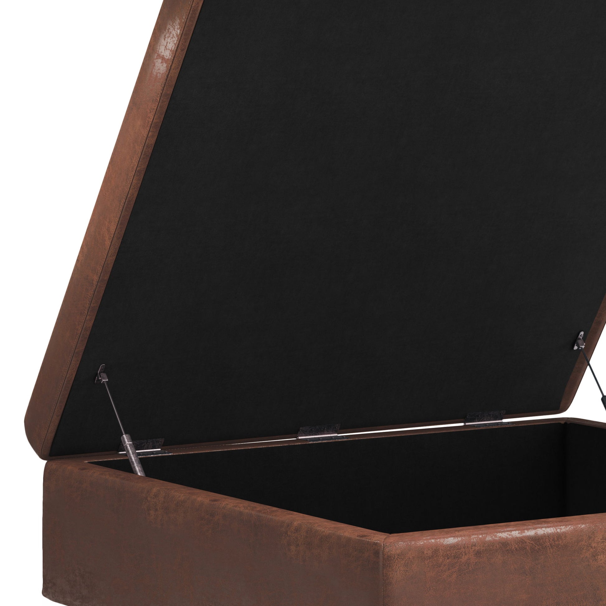 A close-up view of the Shay Large Square Coffee Table Storage Ottoman in brown faux leather with a hinged black lid, showcasing its spacious interior compartment and mid-century style.