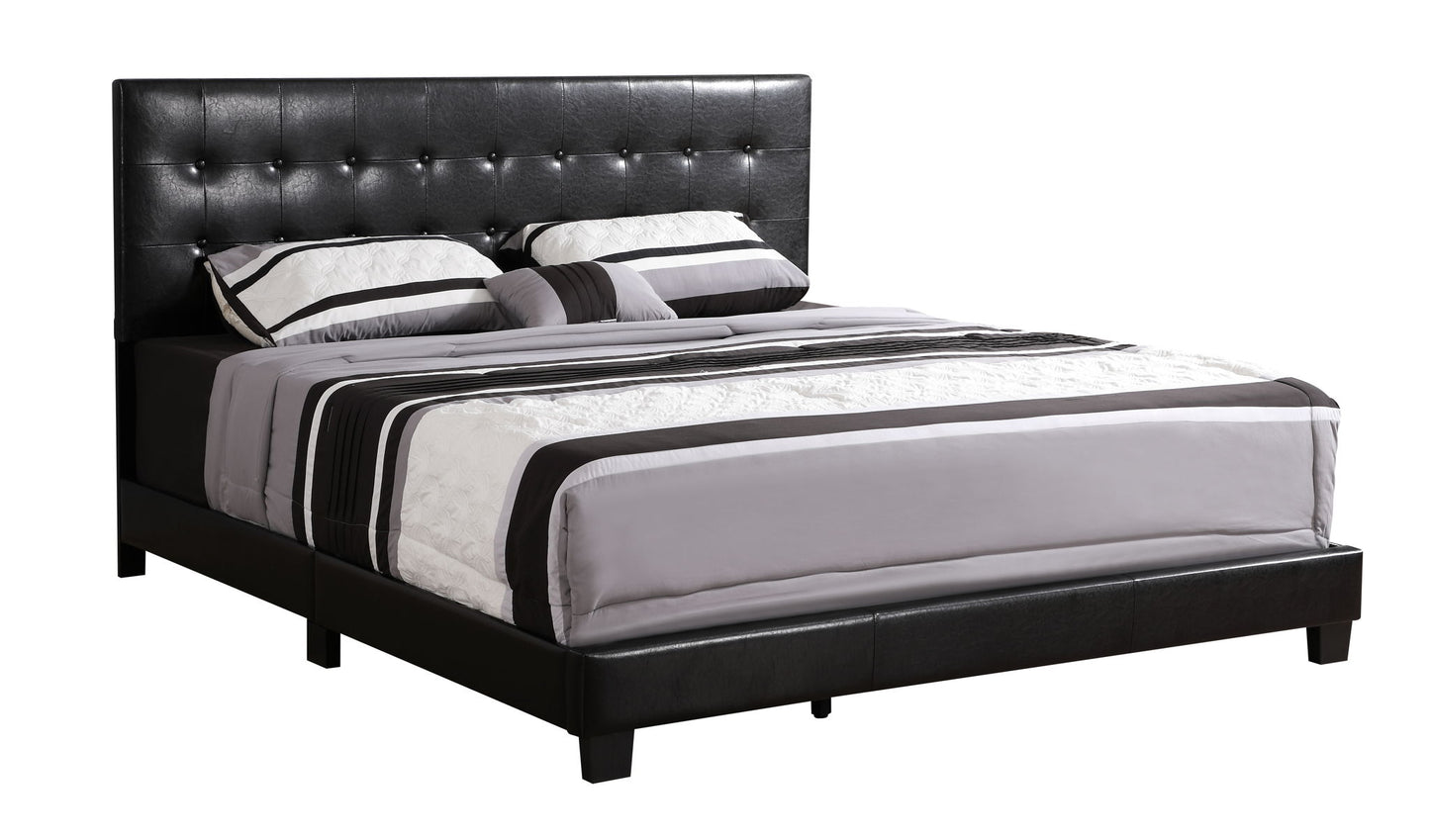 The Caldwell - Bed features a black tufted headboard and frame, styled with gray and white striped bedding and matching pillows, set against a white background.