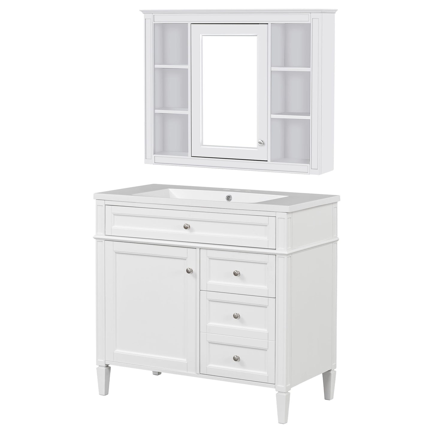 Bathroom Vanity With Top Sink, Storage Cabinet With Mirror, 2 Doors, 3 Drawers, 6 Open Shelves