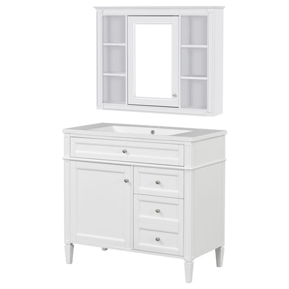 Bathroom Vanity With Top Sink, Storage Cabinet With Mirror, 2 Doors, 3 Drawers, 6 Open Shelves